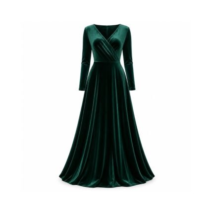 Alteaboutique Green Velvet Long Sleeve V-Neck Maxi Dress