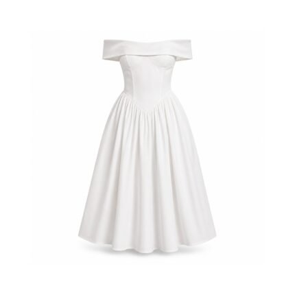 Alteaboutique Ivory Satin Off Shoulder Tea Length Prom Dress with Pockets